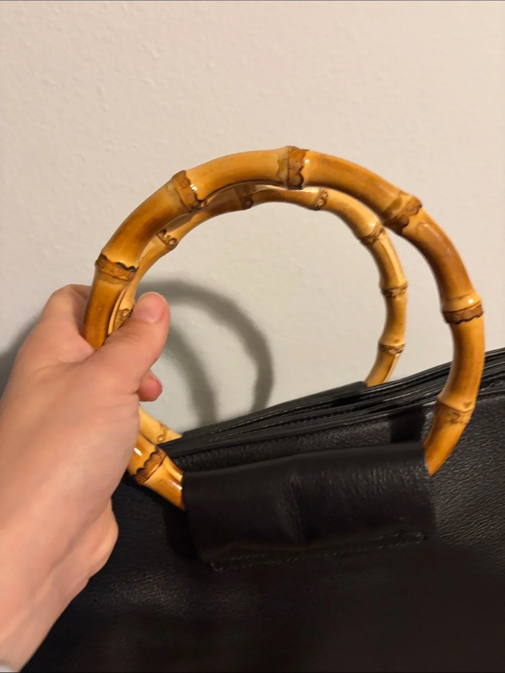Talbots Black Leather Shoulder Bag with Bamboo Ring Handles